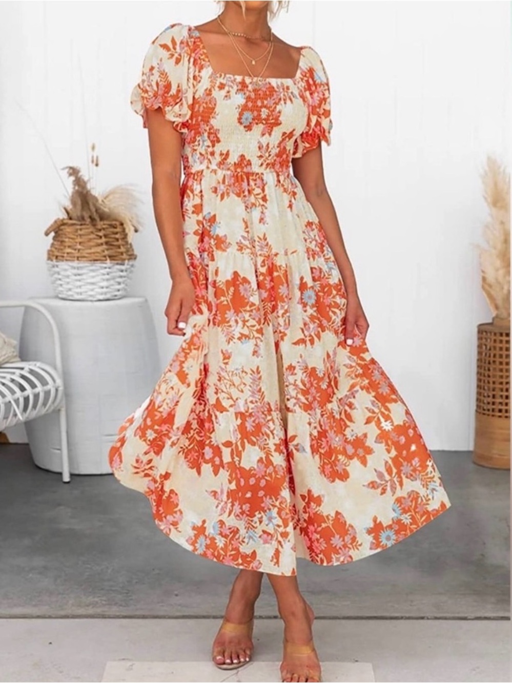 Cream Maxi Dress with Red Floral Print and Puff Sleeves